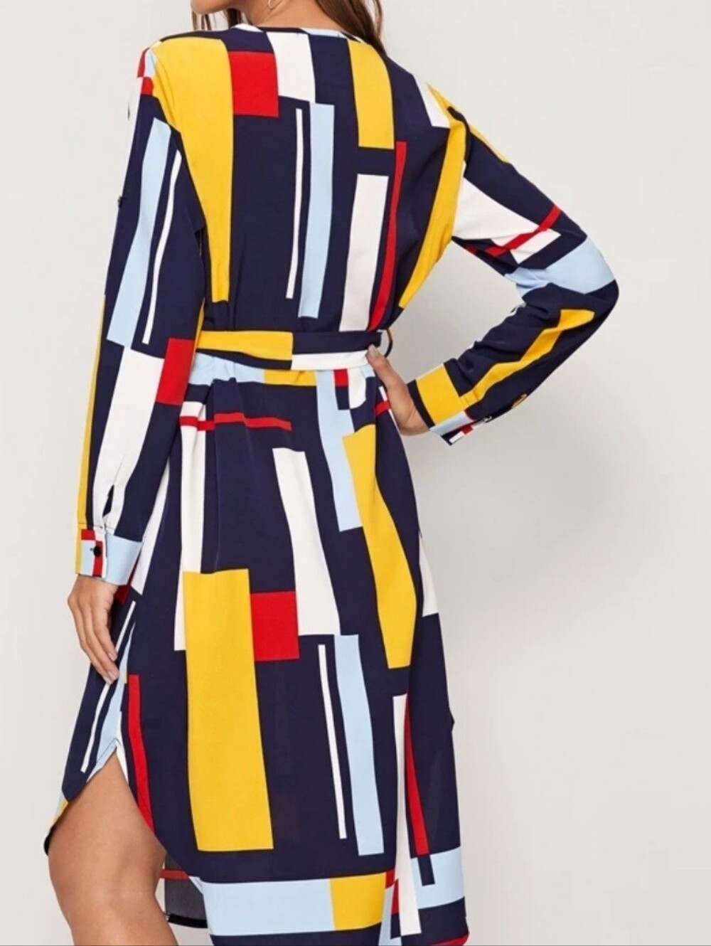 Source Unknown Navy Geometric Shift Dress with Yellow & Red Blocks